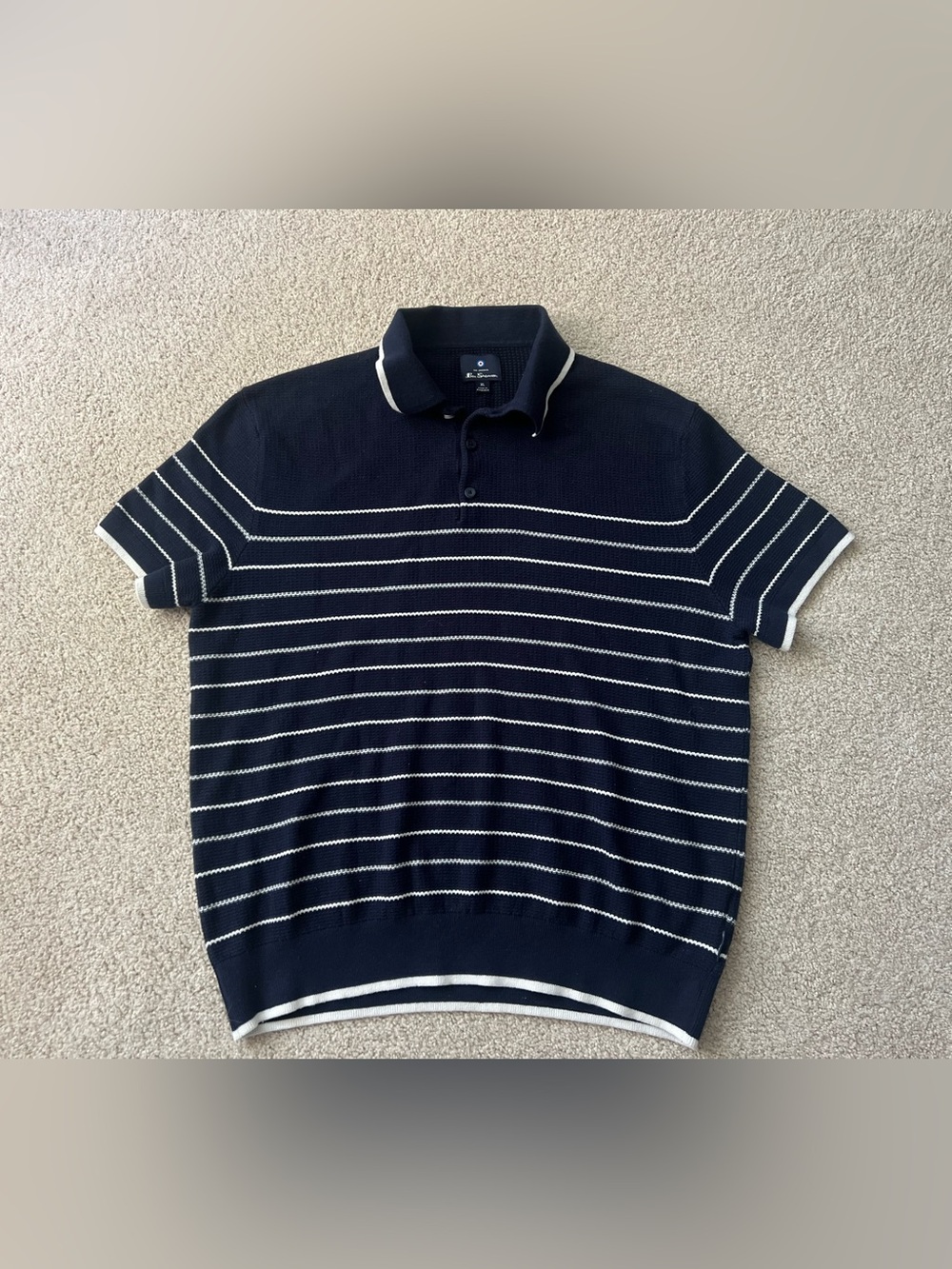 Ben Sherman Men’s XL Navy White Striped Knit Polo Shirt Mod Classic Short Sleeve